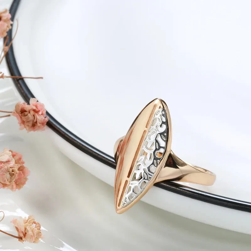 Elegant Ethnic Flower 14K Rolled Rose Gold Leaf Hollow Silver Pattern Ring For Women, Fashion Vintage Jewelry
