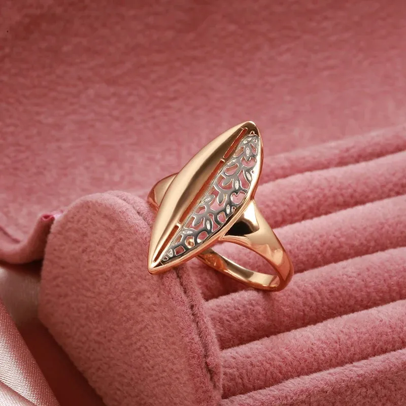 Elegant Ethnic Flower 14K Rolled Rose Gold Leaf Hollow Silver Pattern Ring For Women, Fashion Vintage Jewelry