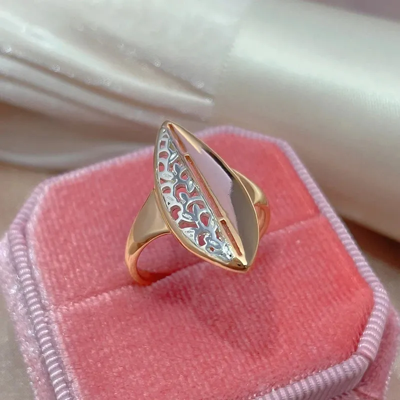 Elegant Ethnic Flower 14K Rolled Rose Gold Leaf Hollow Silver Pattern Ring For Women, Fashion Vintage Jewelry