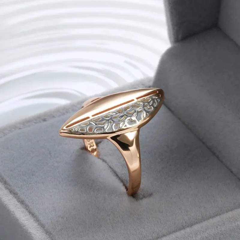 Elegant Ethnic Flower 14K Rolled Rose Gold Leaf Hollow Silver Pattern Ring For Women, Fashion Vintage Jewelry
