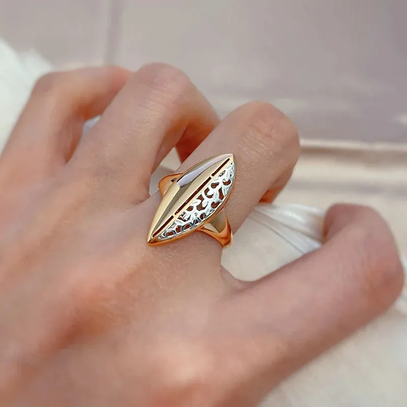 Elegant Ethnic Flower 14K Rolled Rose Gold Leaf Hollow Silver Pattern Ring For Women, Fashion Vintage Jewelry
