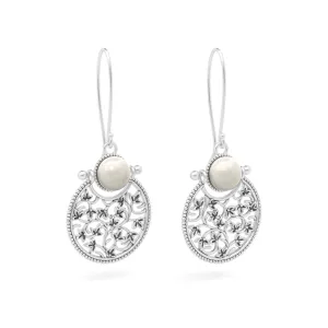 Elegant Silver Dangle Floral Pearl Earrings with Hoops