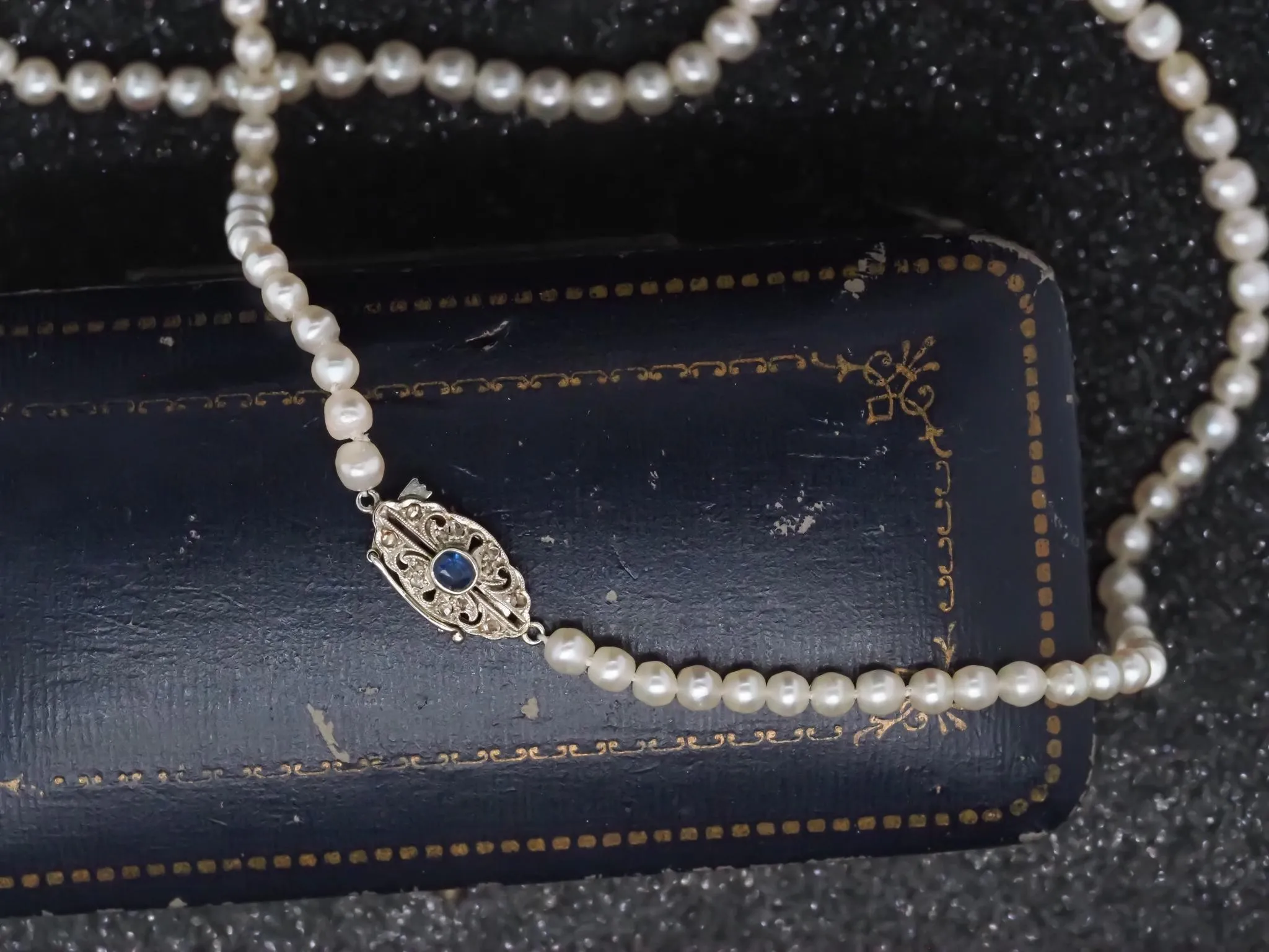 Estate Edwardian GIA Natural Saltwater Pearl Necklace & Sapphire Clasp VHK#965