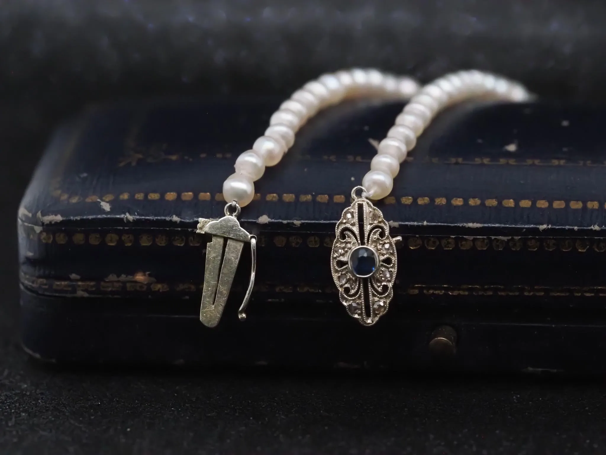 Estate Edwardian GIA Natural Saltwater Pearl Necklace & Sapphire Clasp VHK#965