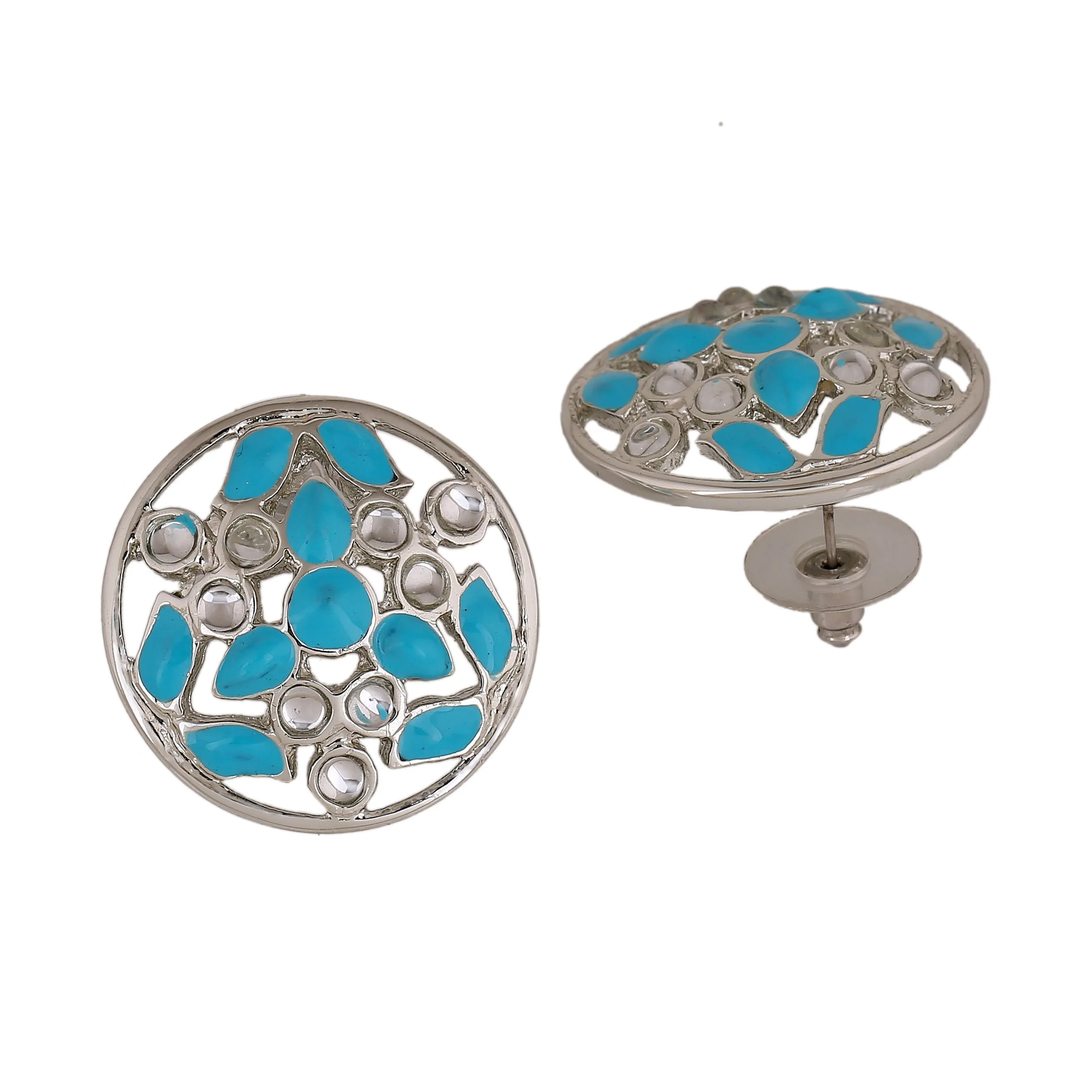 Estele Rhodium Plated Stylish Meenakari Kundan Stud Earrings with Blue Enamel for Women