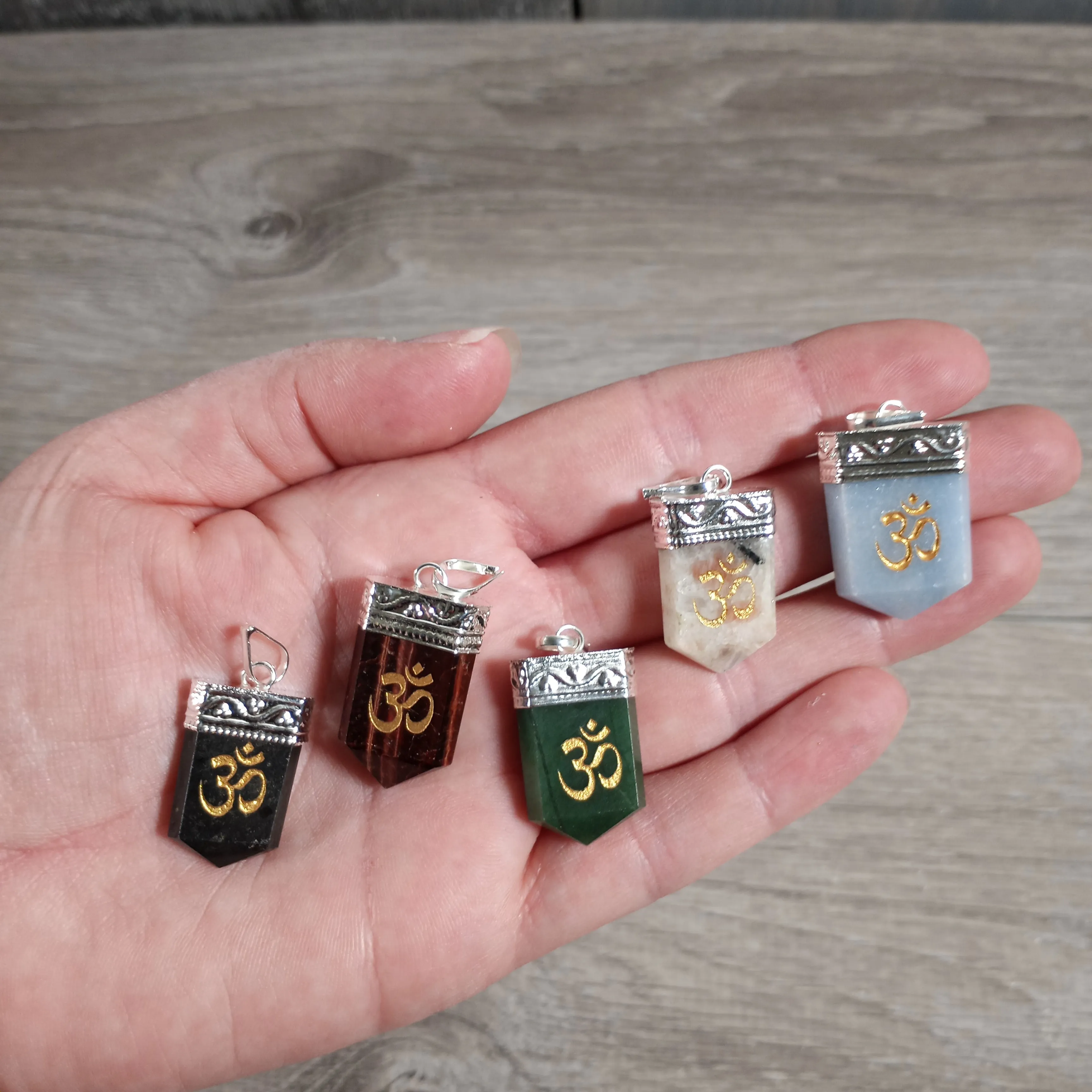 Etched Gemstone Pendants Assorted – Silver Pot Metal Setting