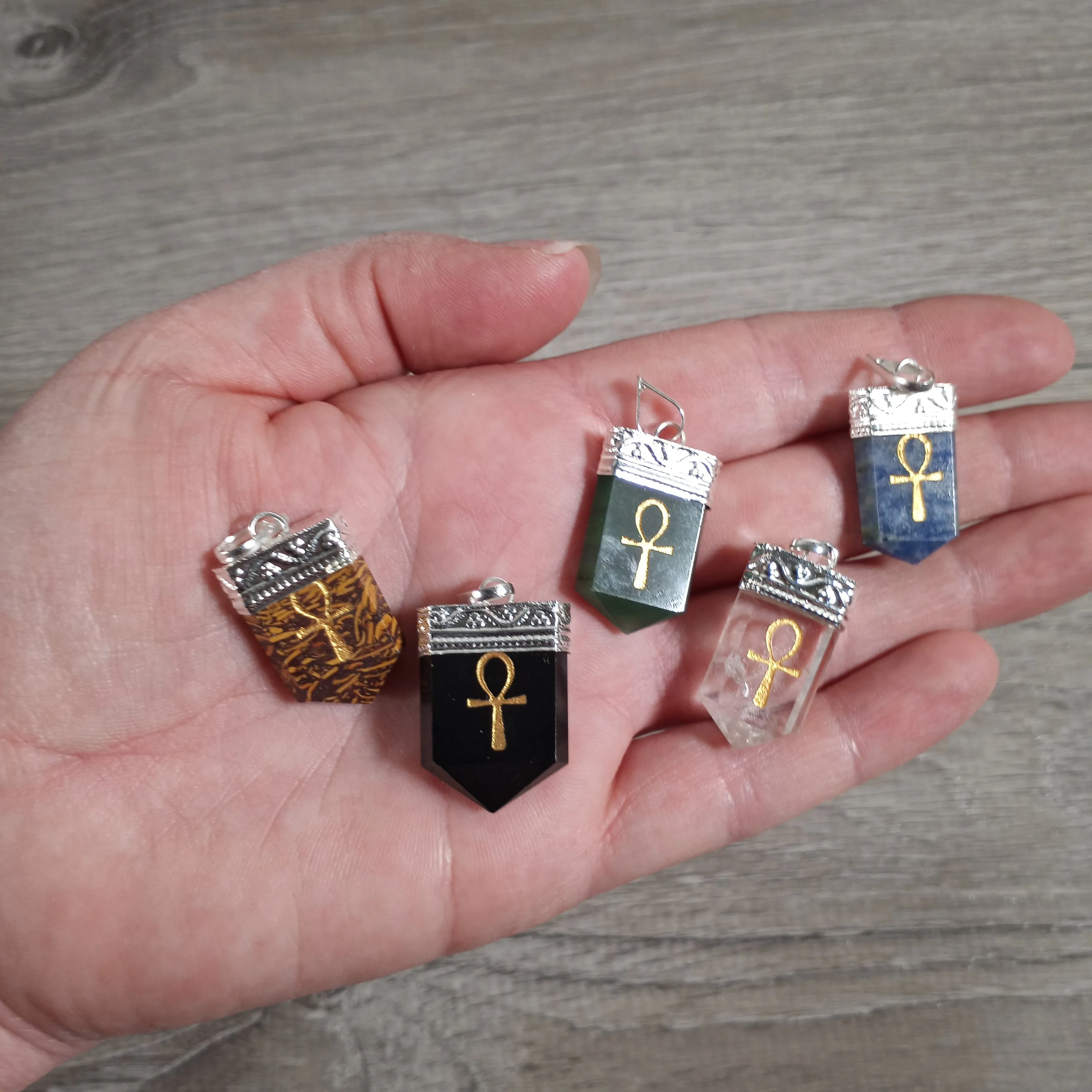Etched Gemstone Pendants Assorted – Silver Pot Metal Setting