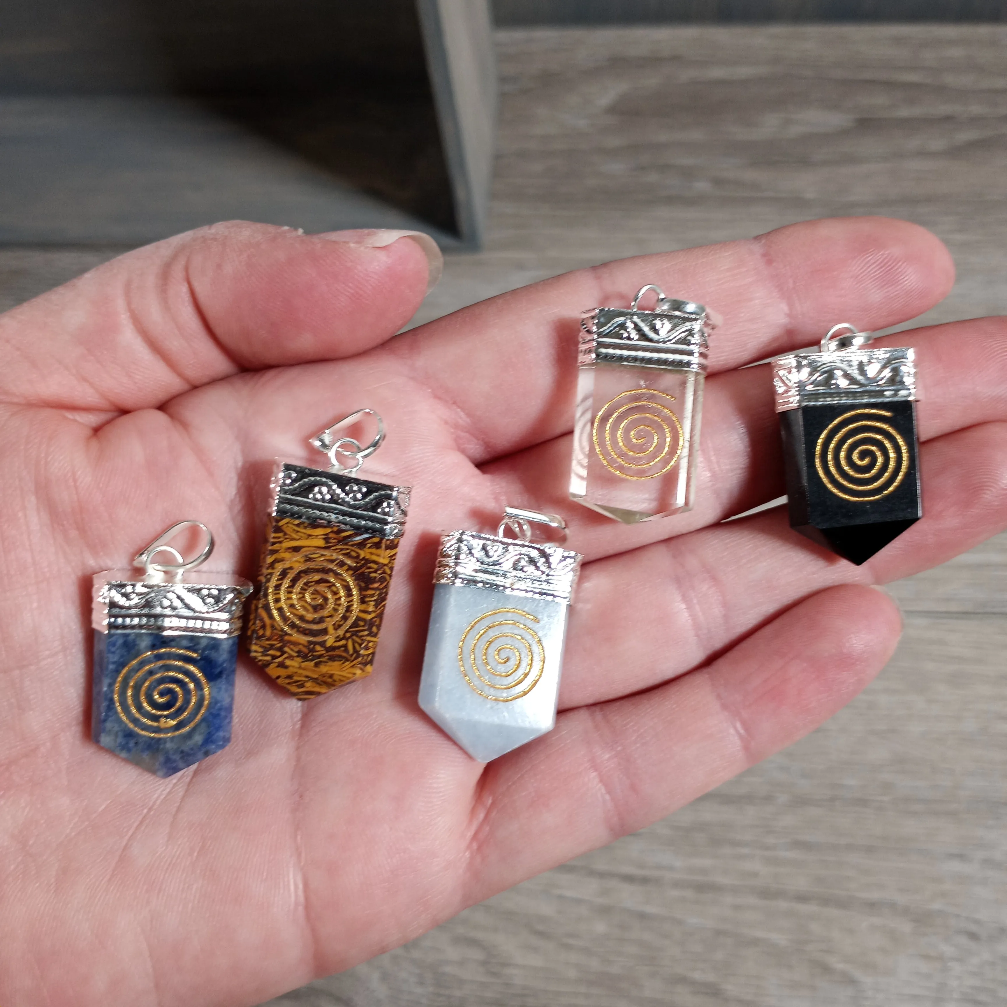 Etched Gemstone Pendants Assorted – Silver Pot Metal Setting