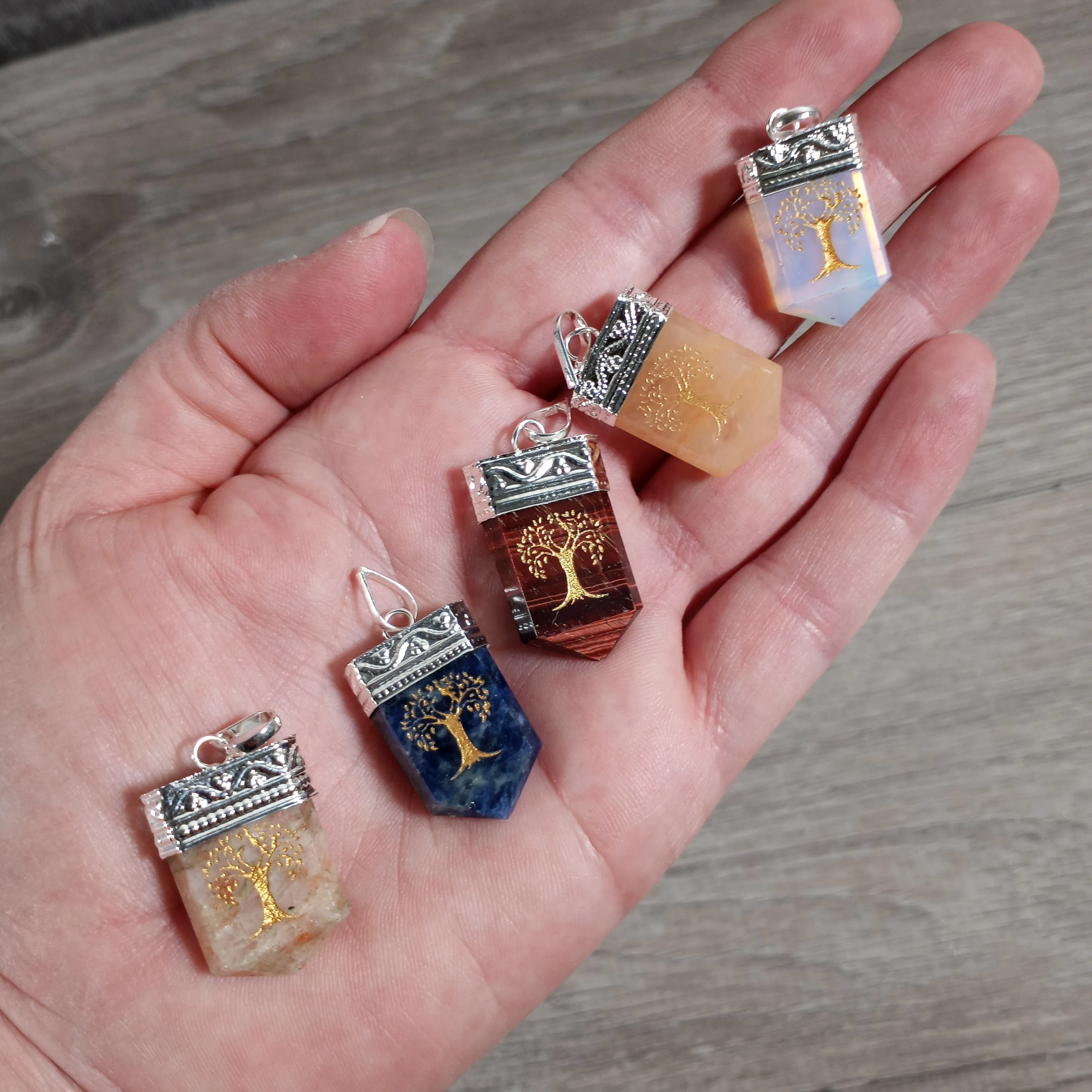 Etched Gemstone Pendants Assorted – Silver Pot Metal Setting