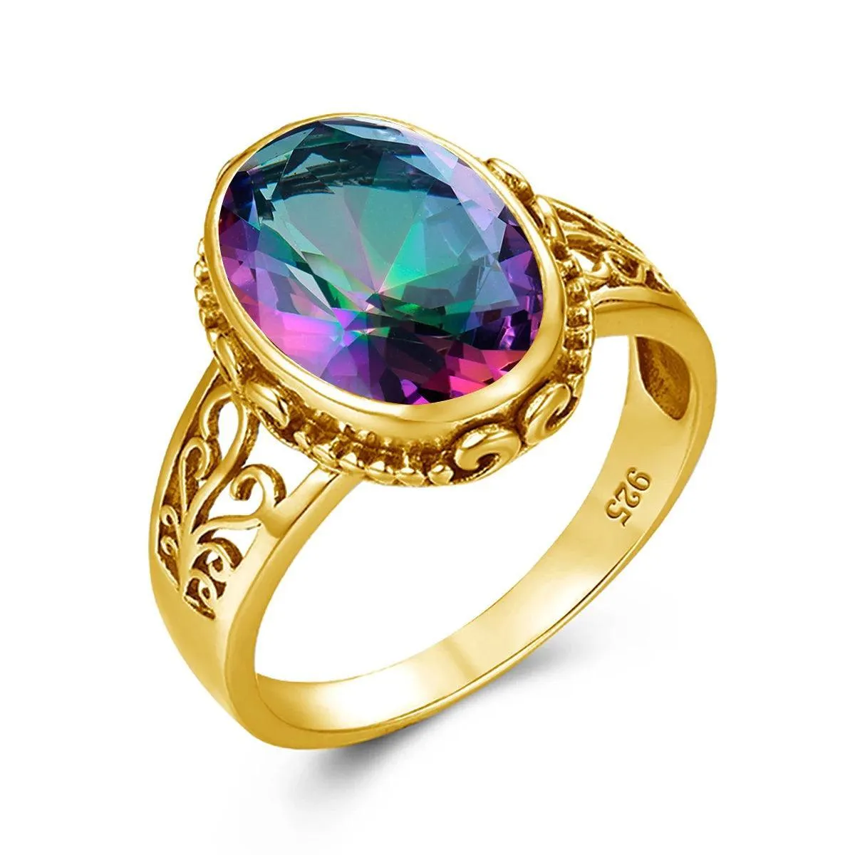 Fabulous Trending Luxury Yellow Gold Lab Created Gemstones Big Rings For Women - Oval Cut Stone Art Deco Jewellery 