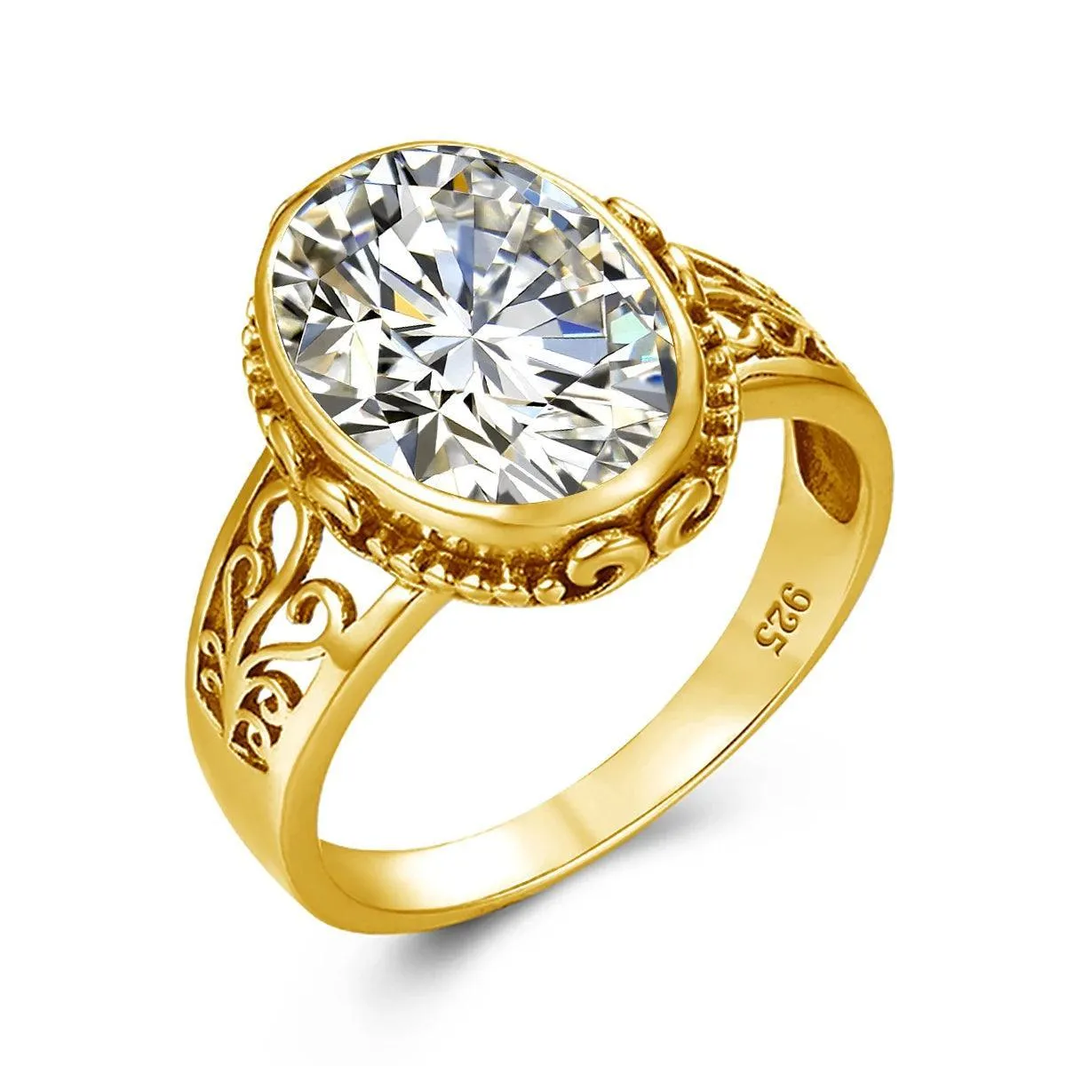 Fabulous Trending Luxury Yellow Gold Lab Created Gemstones Big Rings For Women - Oval Cut Stone Art Deco Jewellery 