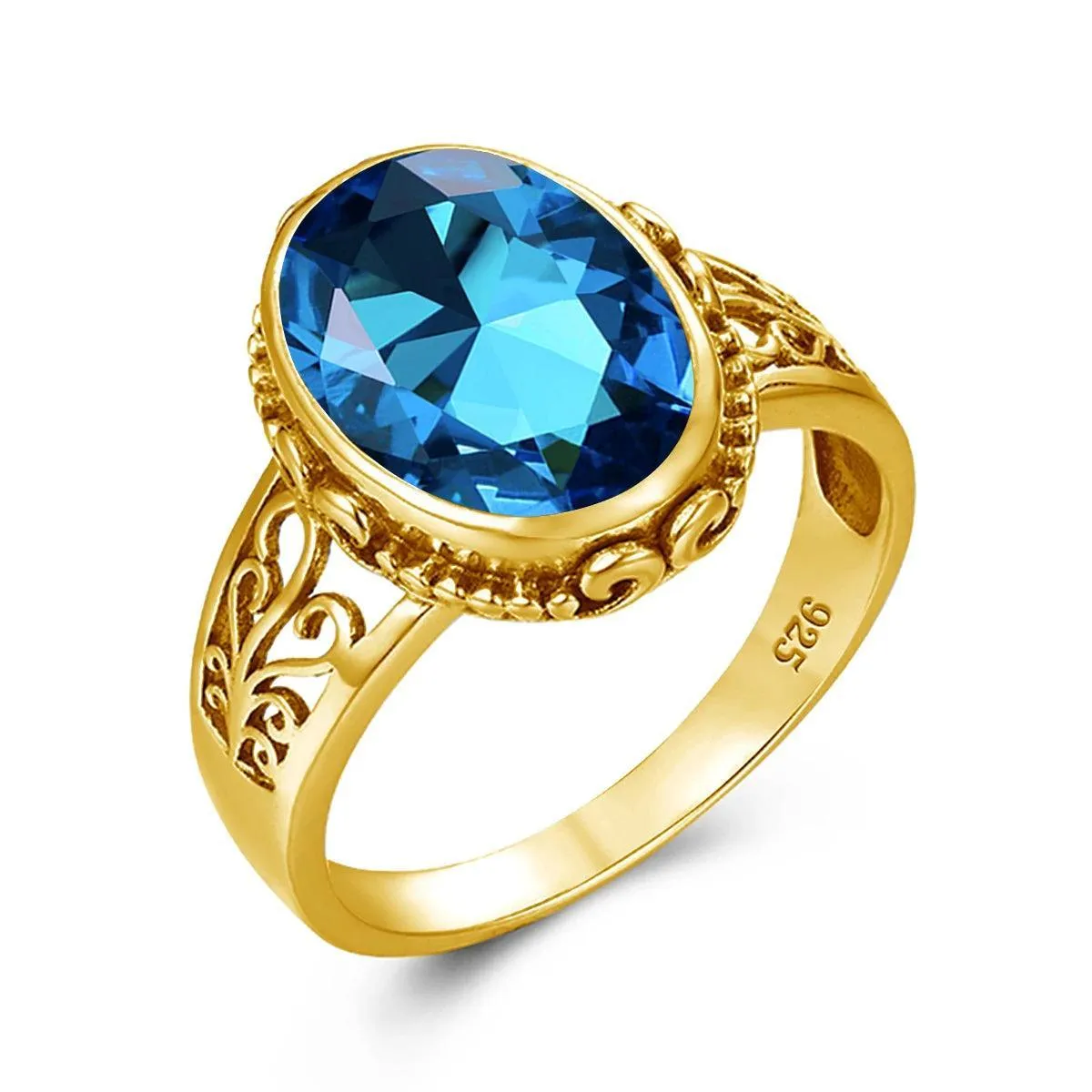Fabulous Trending Luxury Yellow Gold Lab Created Gemstones Big Rings For Women - Oval Cut Stone Art Deco Jewellery 