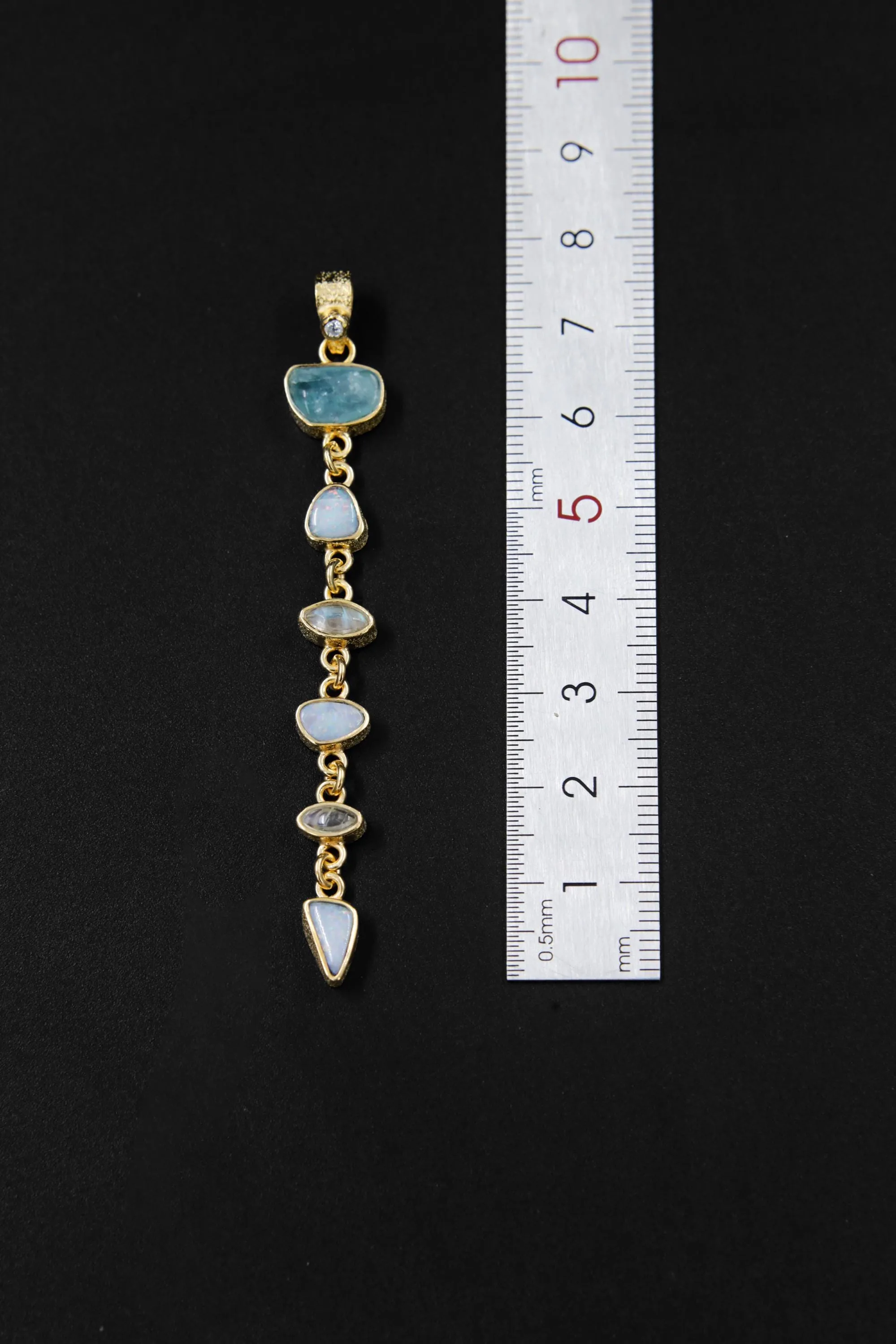 Faceted Radiant Zircon, Aquamarine, Australian Opal Doublet & Blue Moonstone Pendant, 18k Gold-Plated Sterling Silver, Unique Gift
