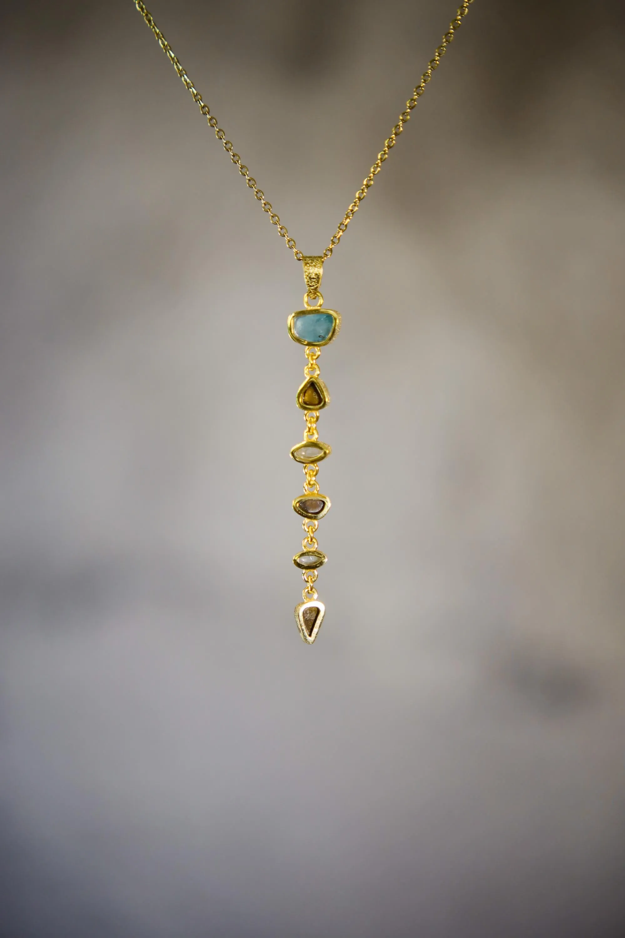 Faceted Radiant Zircon, Aquamarine, Australian Opal Doublet & Blue Moonstone Pendant, 18k Gold-Plated Sterling Silver, Unique Gift
