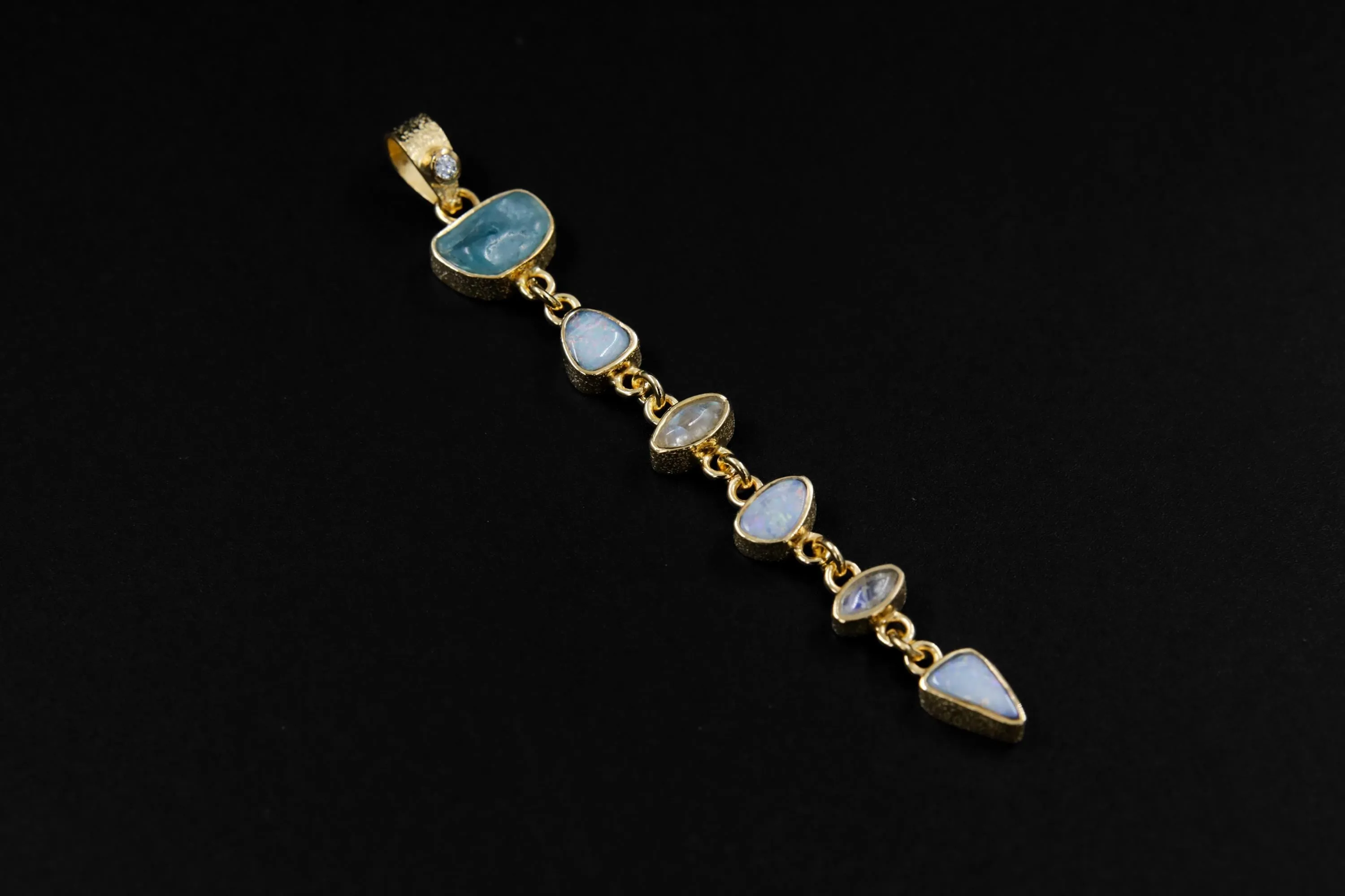 Faceted Radiant Zircon, Aquamarine, Australian Opal Doublet & Blue Moonstone Pendant, 18k Gold-Plated Sterling Silver, Unique Gift