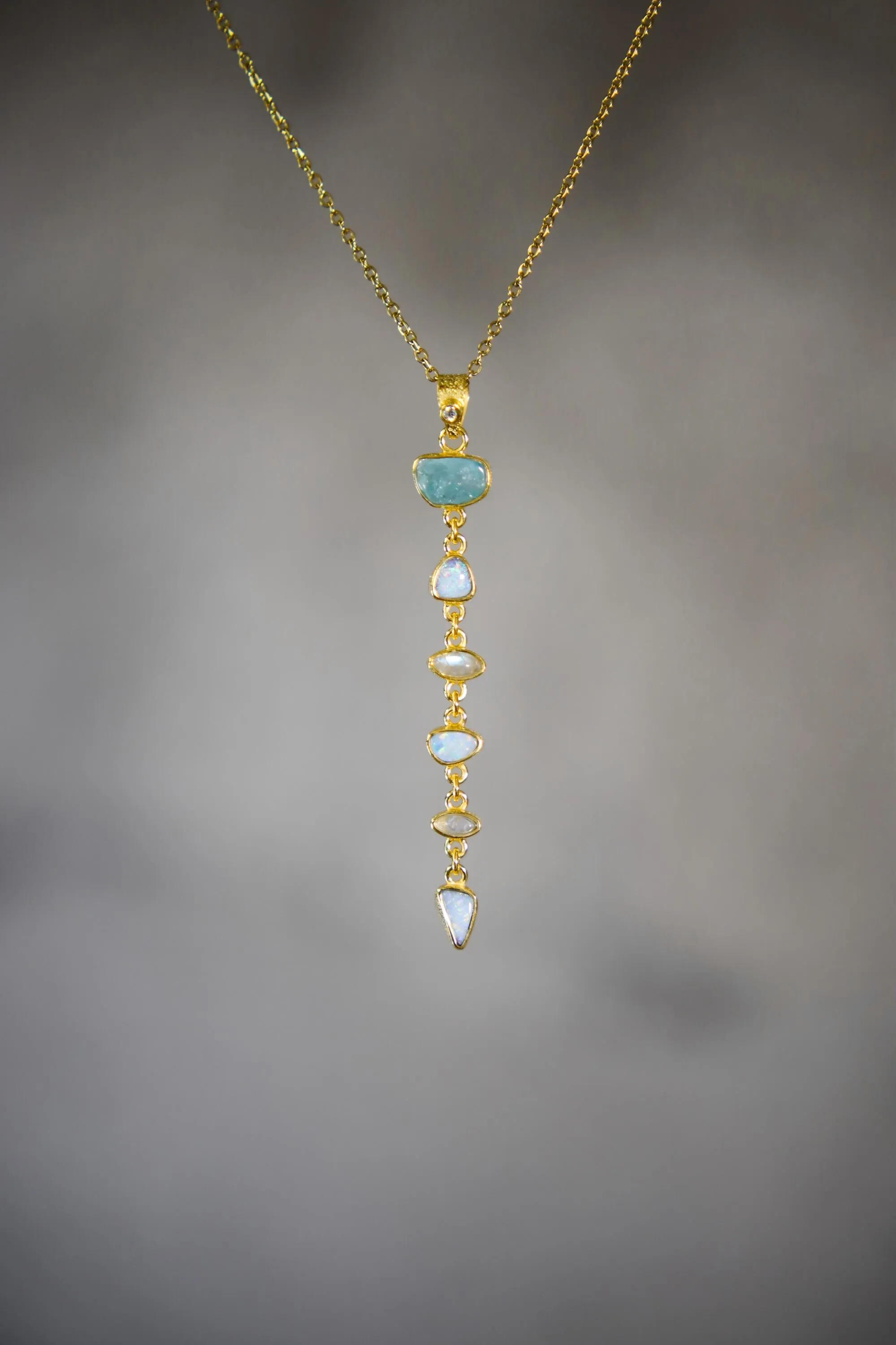 Faceted Radiant Zircon, Aquamarine, Australian Opal Doublet & Blue Moonstone Pendant, 18k Gold-Plated Sterling Silver, Unique Gift