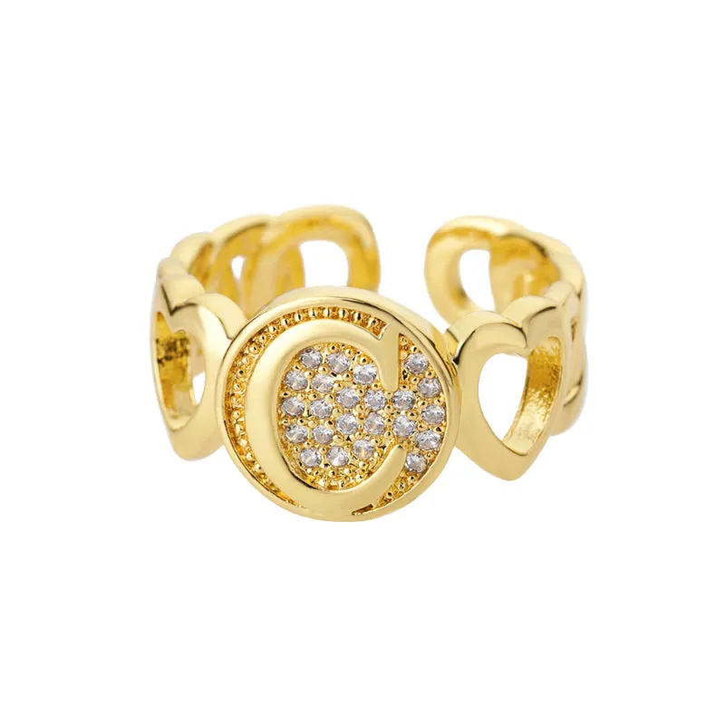 Fancy Personalized Name Initial Rhinestone Studded Open Rings