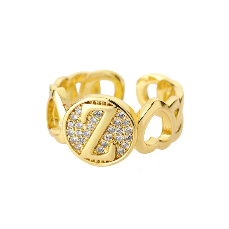 Fancy Personalized Name Initial Rhinestone Studded Open Rings
