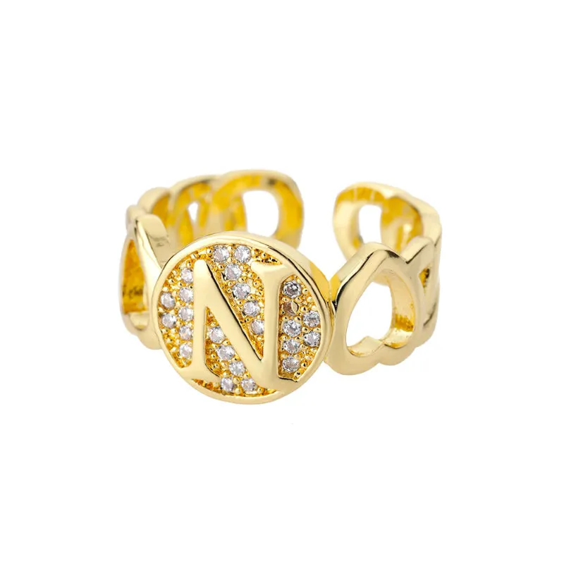 Fancy Personalized Name Initial Rhinestone Studded Open Rings