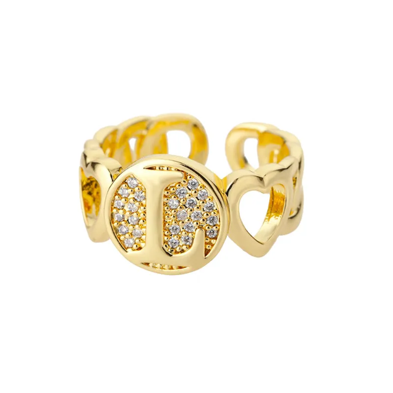 Fancy Personalized Name Initial Rhinestone Studded Open Rings