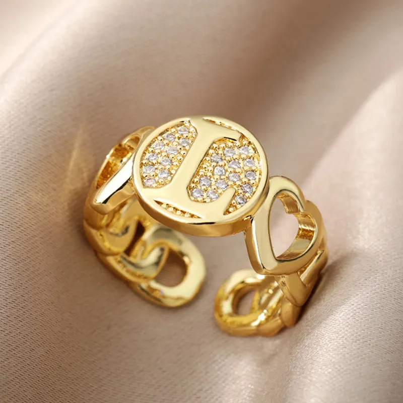 Fancy Personalized Name Initial Rhinestone Studded Open Rings