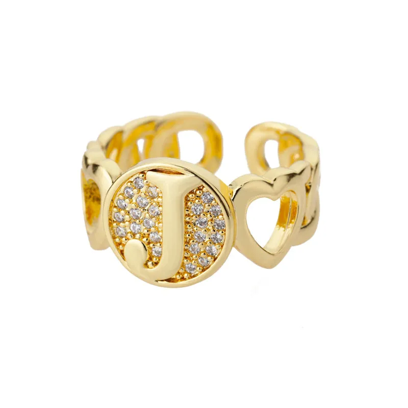 Fancy Personalized Name Initial Rhinestone Studded Open Rings