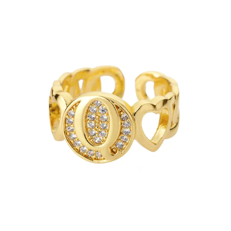 Fancy Personalized Name Initial Rhinestone Studded Open Rings
