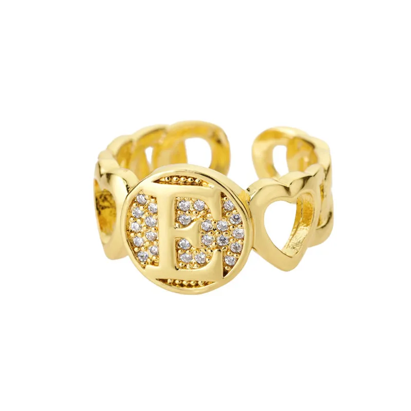 Fancy Personalized Name Initial Rhinestone Studded Open Rings