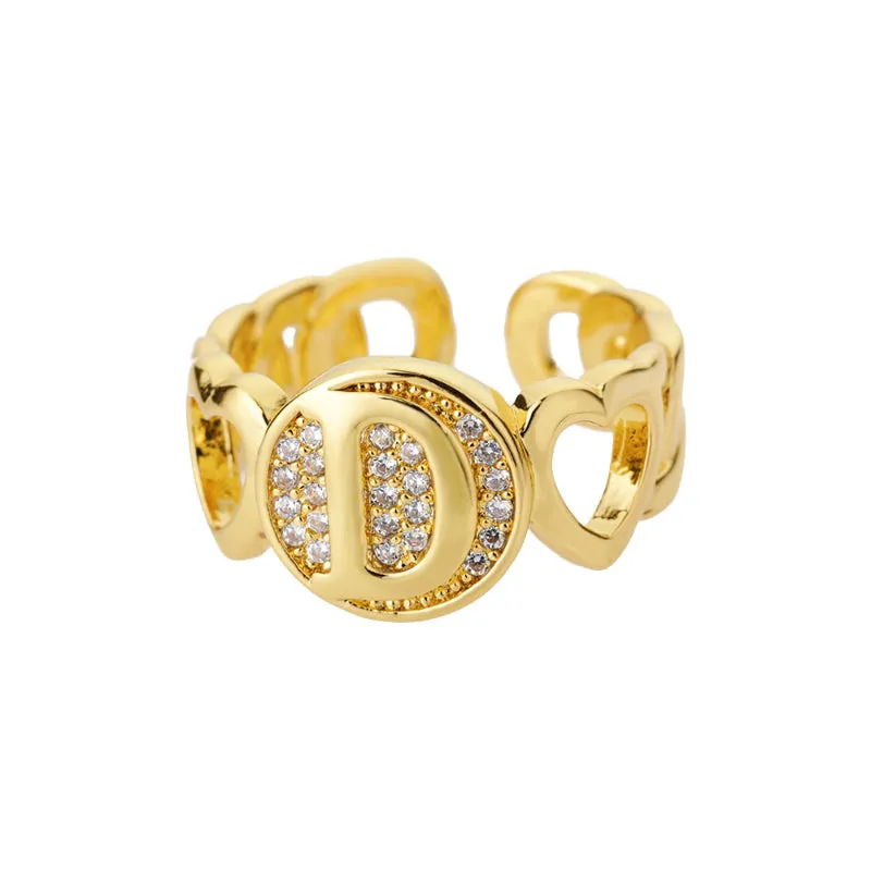 Fancy Personalized Name Initial Rhinestone Studded Open Rings