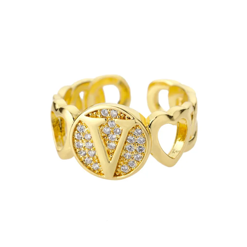 Fancy Personalized Name Initial Rhinestone Studded Open Rings