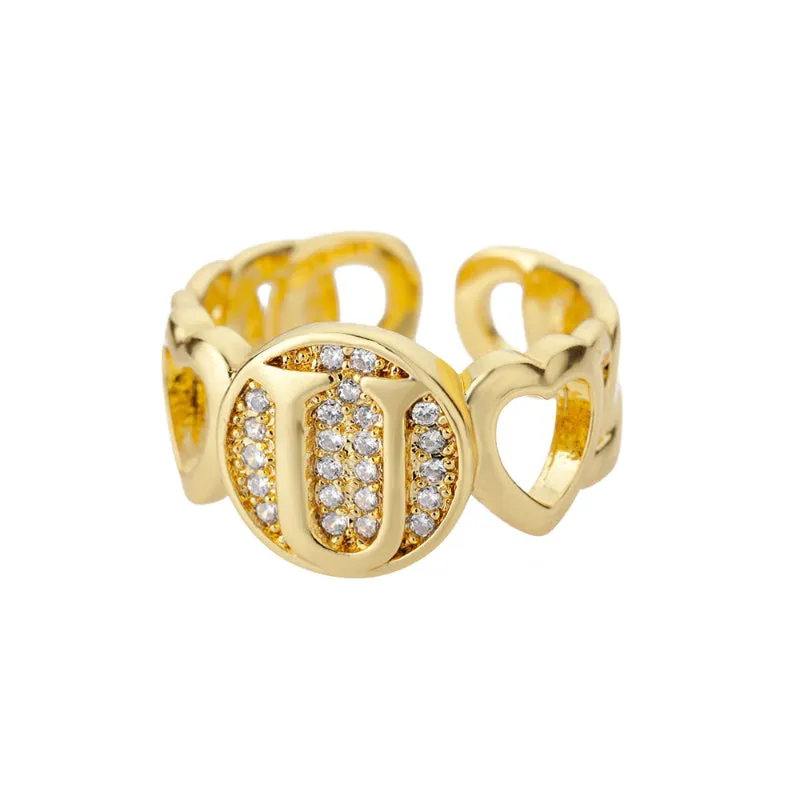 Fancy Personalized Name Initial Rhinestone Studded Open Rings