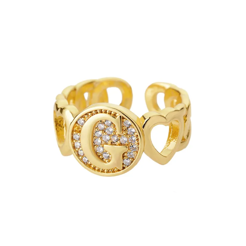 Fancy Personalized Name Initial Rhinestone Studded Open Rings