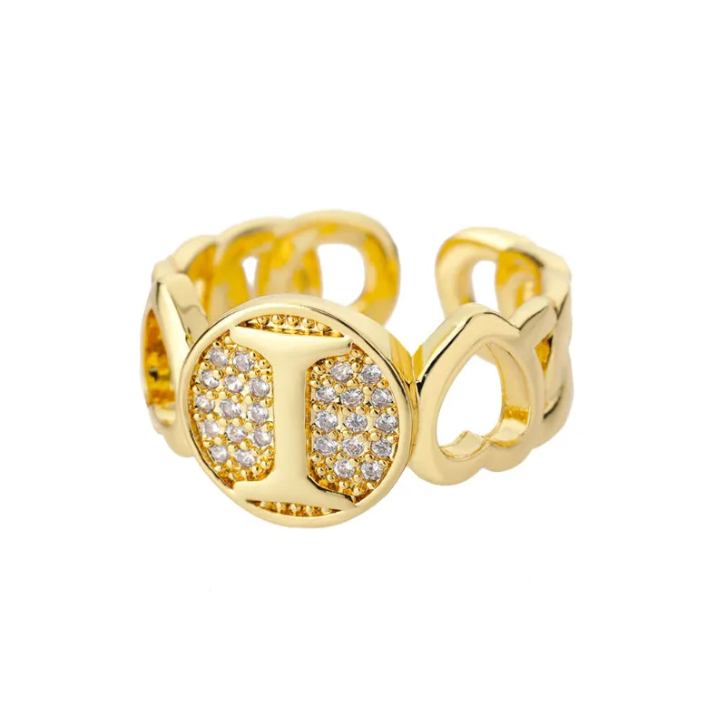 Fancy Personalized Name Initial Rhinestone Studded Open Rings