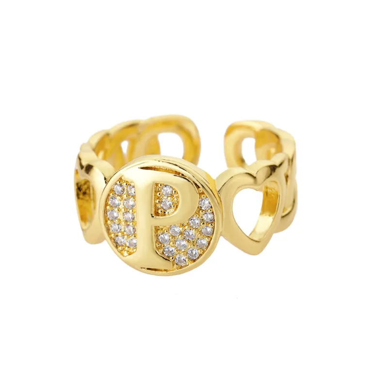 Fancy Personalized Name Initial Rhinestone Studded Open Rings