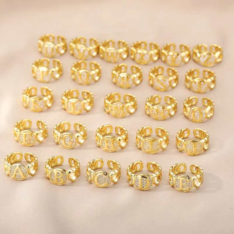 Fancy Personalized Name Initial Rhinestone Studded Open Rings