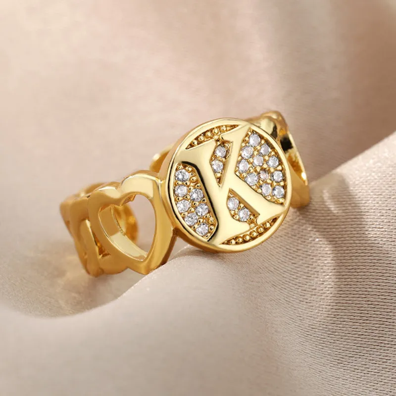 Fancy Personalized Name Initial Rhinestone Studded Open Rings