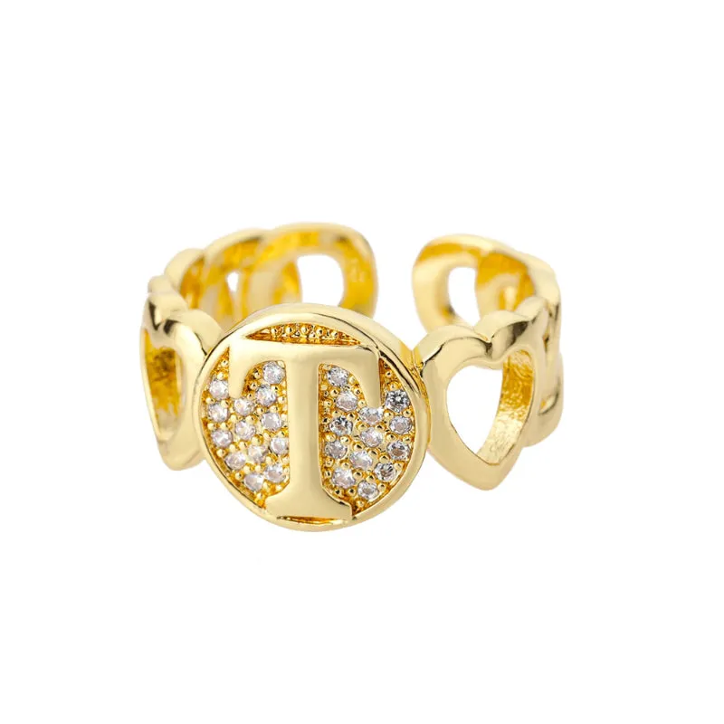 Fancy Personalized Name Initial Rhinestone Studded Open Rings