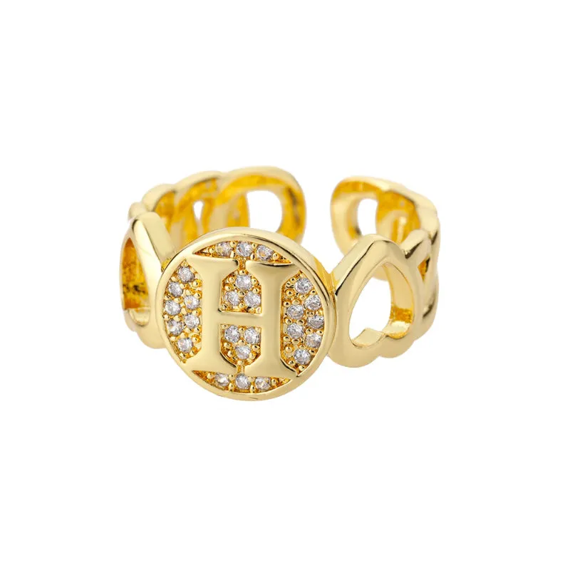 Fancy Personalized Name Initial Rhinestone Studded Open Rings