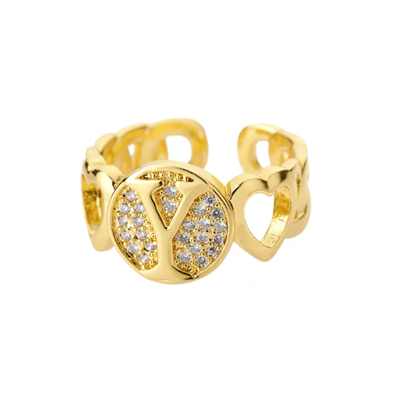 Fancy Personalized Name Initial Rhinestone Studded Open Rings