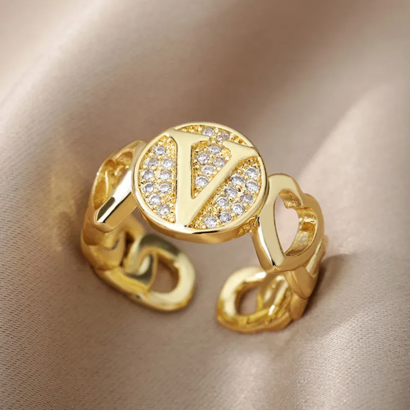 Fancy Personalized Name Initial Rhinestone Studded Open Rings
