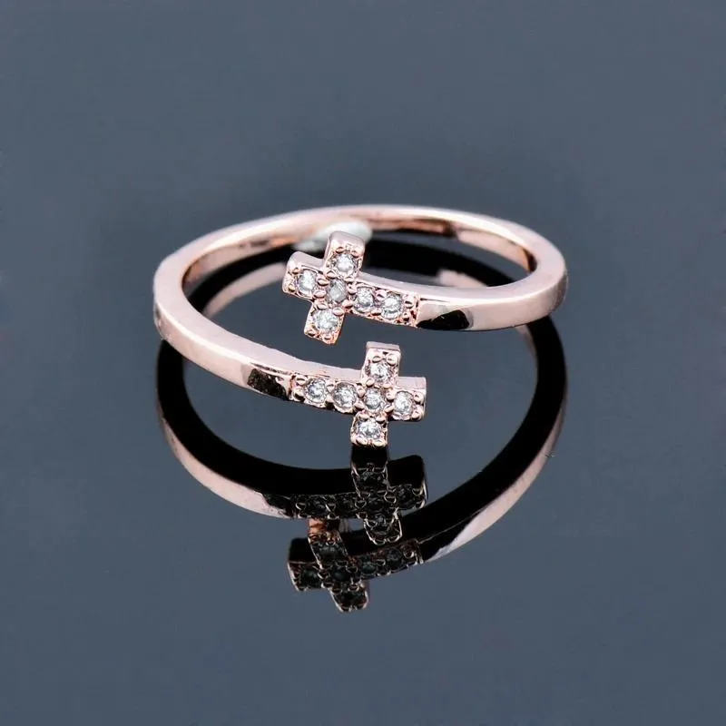 Fashion Cross Ring Adjustable Tiny Crystal Inlay Rose Gold Color Rings For Women