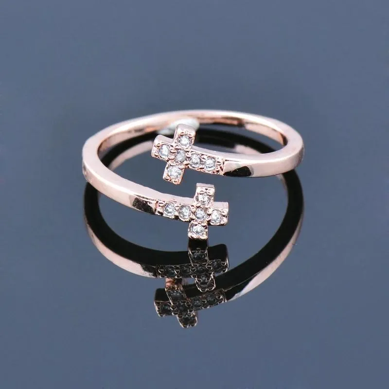 Fashion Cross Ring Adjustable Tiny Crystal Inlay Rose Gold Color Rings For Women