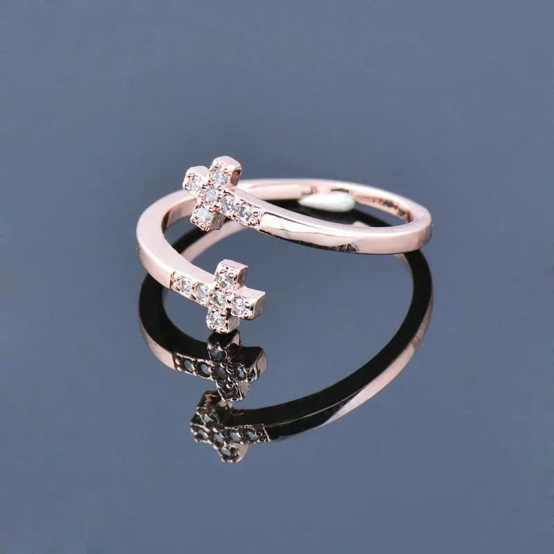 Fashion Cross Ring Adjustable Tiny Crystal Inlay Rose Gold Color Rings For Women