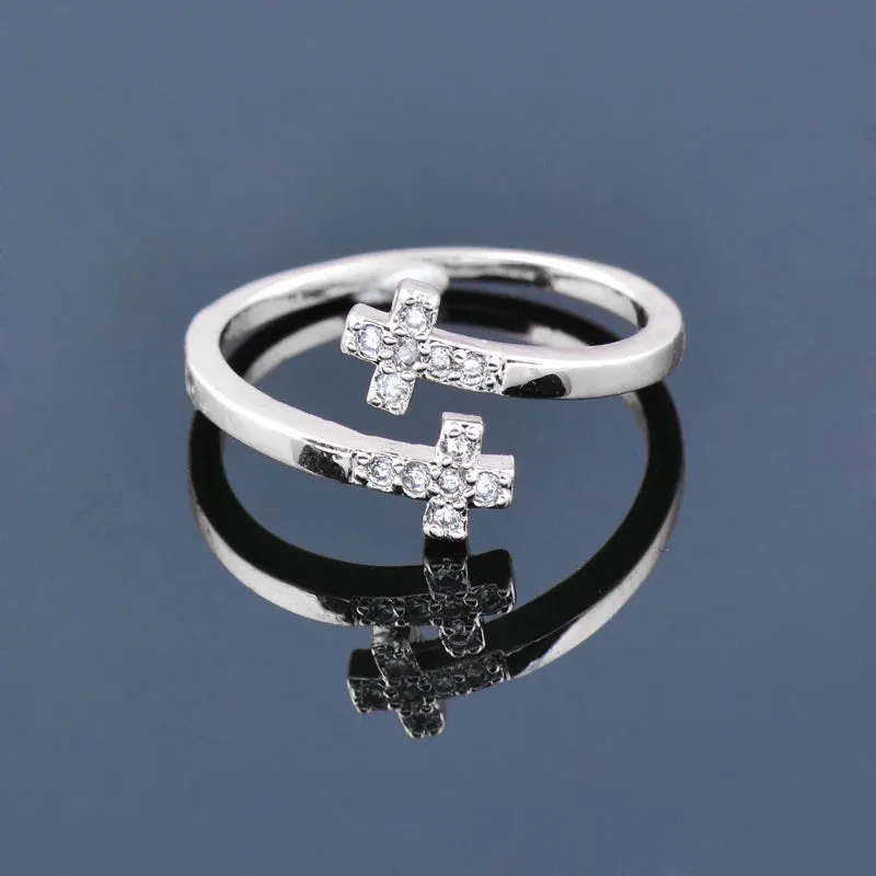 Fashion Cross Ring Adjustable Tiny Crystal Inlay Rose Gold Color Rings For Women