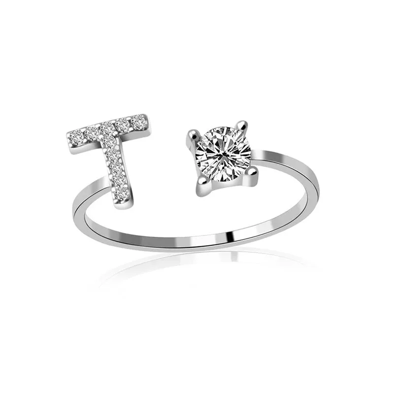 Fashion Jewelry 26 Letter Rings For Women Lady Creative Cubic Zirconia Open Finger Ring Silver Color Party Gifts