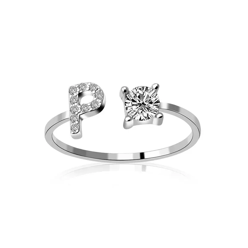 Fashion Jewelry 26 Letter Rings For Women Lady Creative Cubic Zirconia Open Finger Ring Silver Color Party Gifts