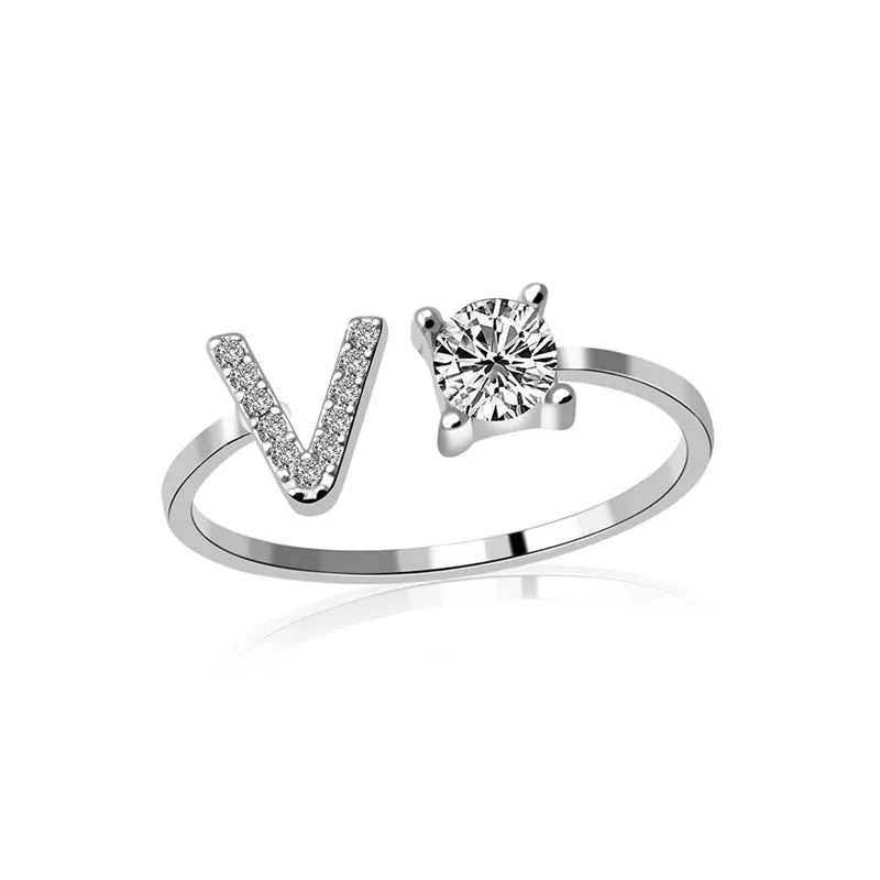 Fashion Jewelry 26 Letter Rings For Women Lady Creative Cubic Zirconia Open Finger Ring Silver Color Party Gifts