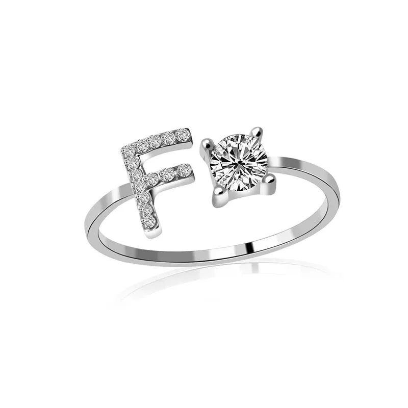 Fashion Jewelry 26 Letter Rings For Women Lady Creative Cubic Zirconia Open Finger Ring Silver Color Party Gifts