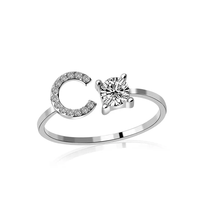 Fashion Jewelry 26 Letter Rings For Women Lady Creative Cubic Zirconia Open Finger Ring Silver Color Party Gifts