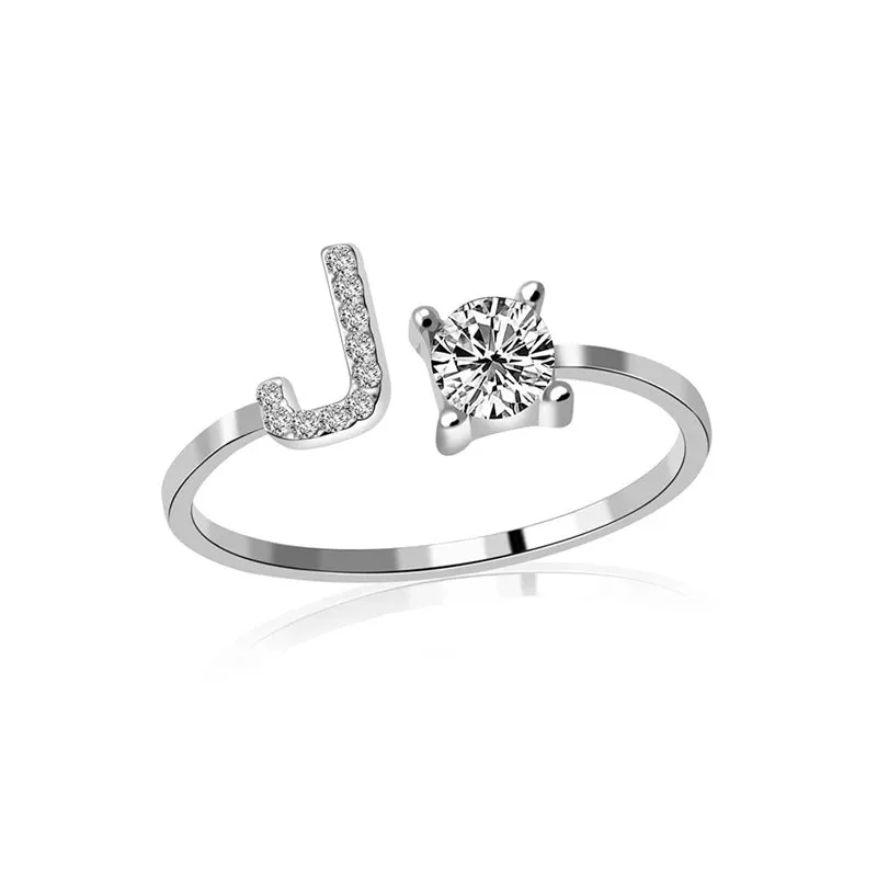 Fashion Jewelry 26 Letter Rings For Women Lady Creative Cubic Zirconia Open Finger Ring Silver Color Party Gifts